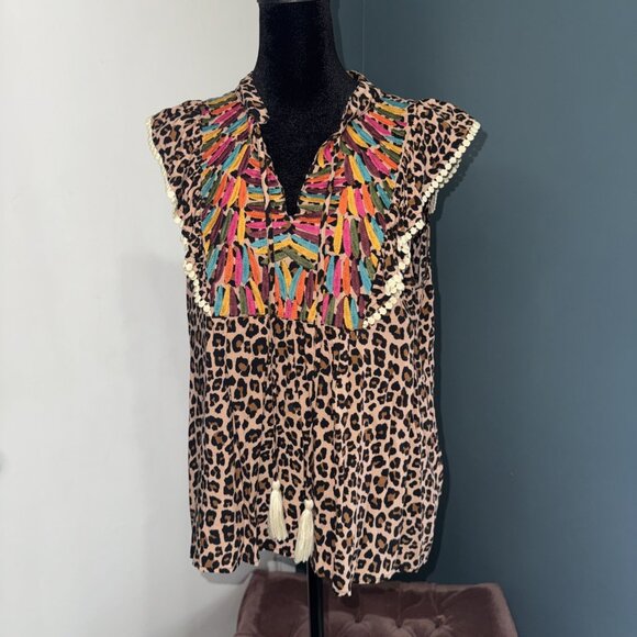 THML Tops - Women’s Beautiful Leopard Print Embroidery Tassel THML Medium Blouse Top